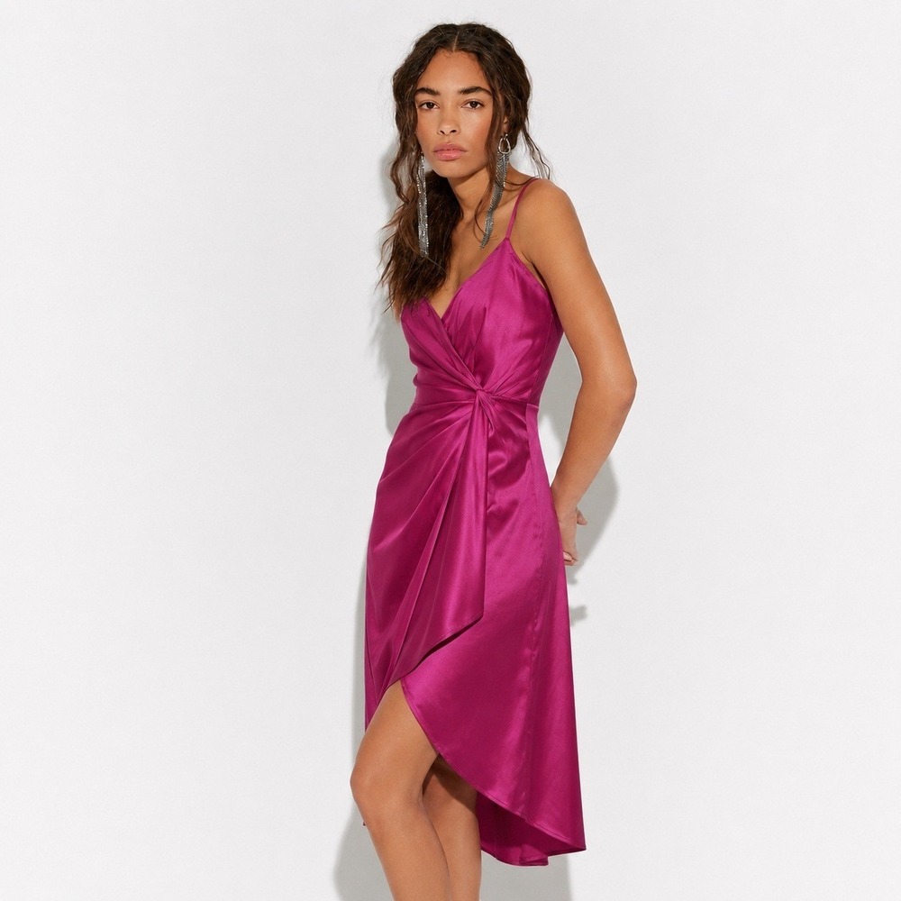 Satin Slip Dress Womens Size M Magenta Pink Wrap Cocktail Party Wedding Glam